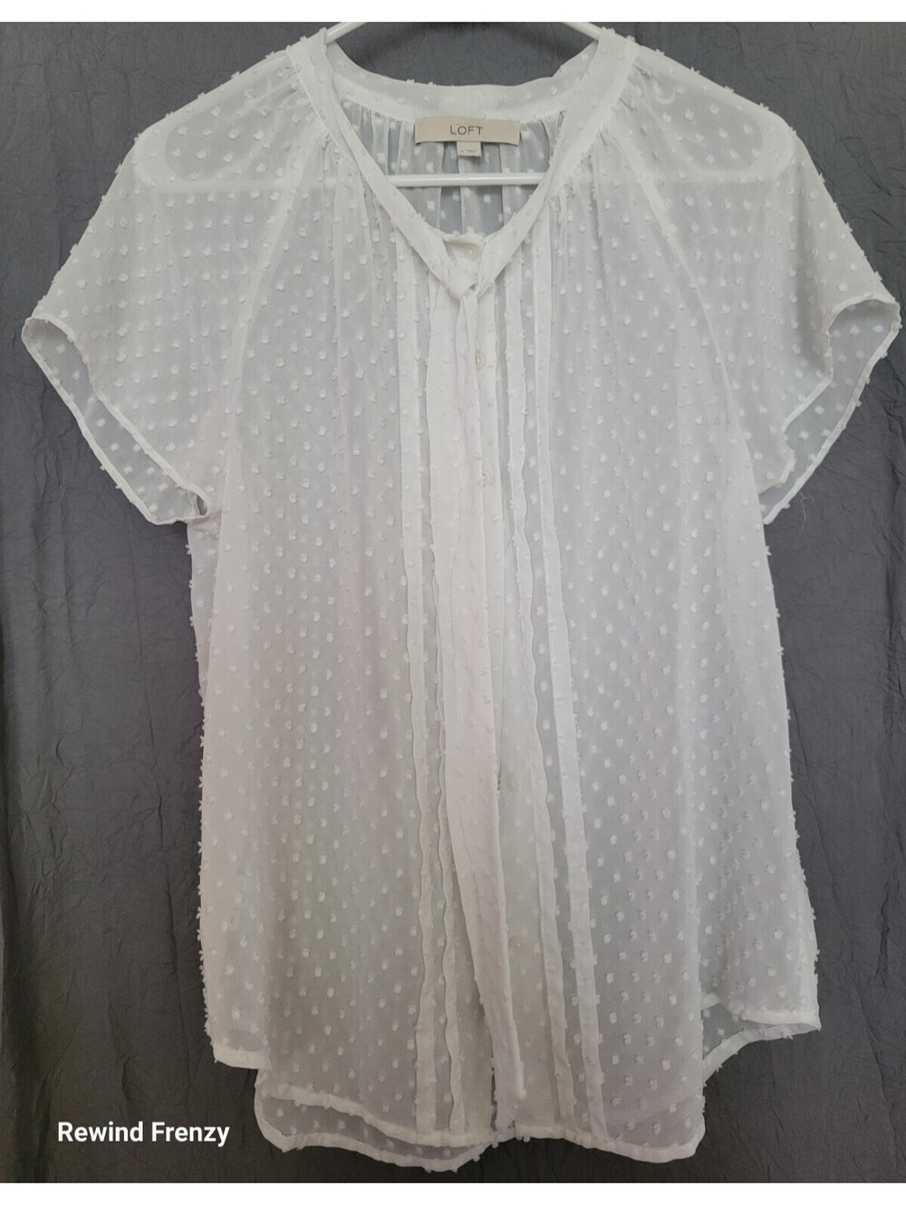 LOFT Tie Neck Sheer Blouse Women’s Medium Short Sleeve Button Front Top